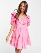 Miss Selfridge Ruffle Detail Poplin Smock Dress In Bright Fuchsia-pink