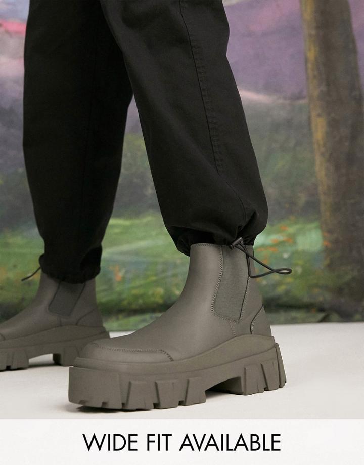 Asos Design Chelsea Boot With Chunky Sole In Charcoal Faux Leather-grey