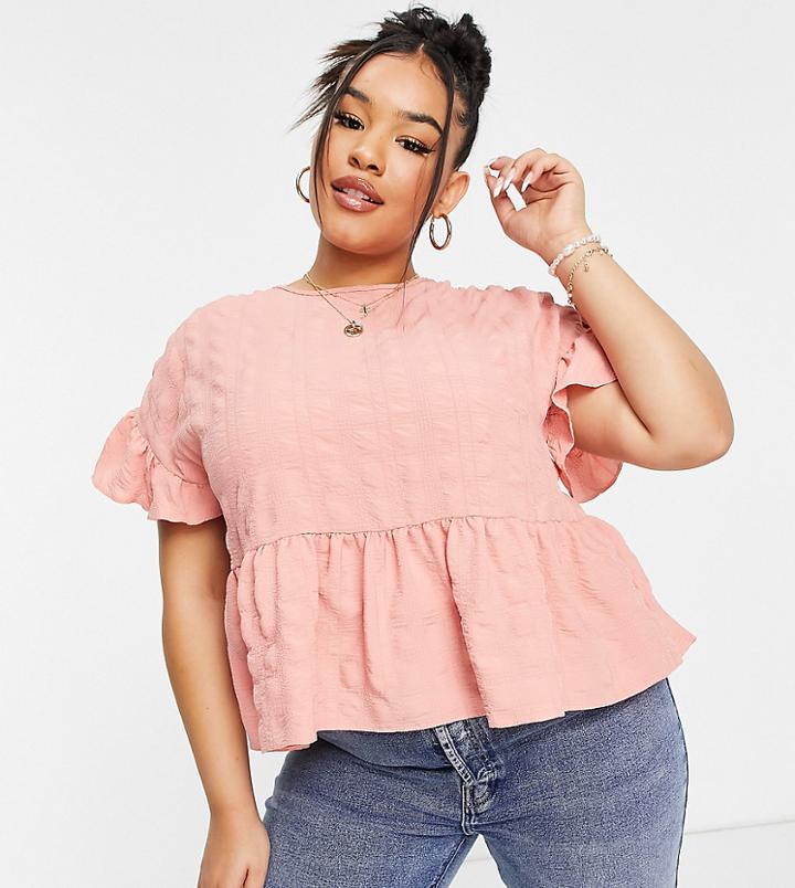 Asos Design Curve Textured Smock Top With Ruffle Sleeve In Peach-pink
