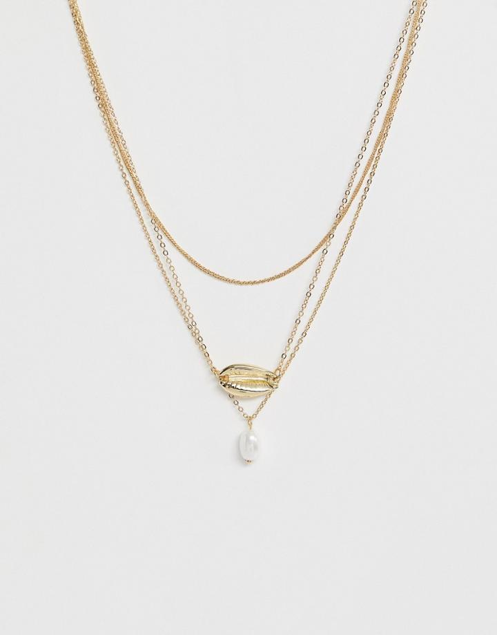 Pieces Shell Pearl Detail Necklace - Gold