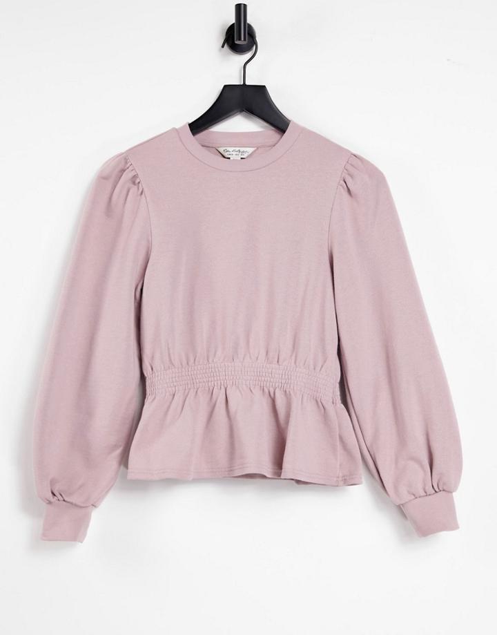 Miss Selfridge Long Sleeve Shirred Peplum Sweatshirt In Mink-brown