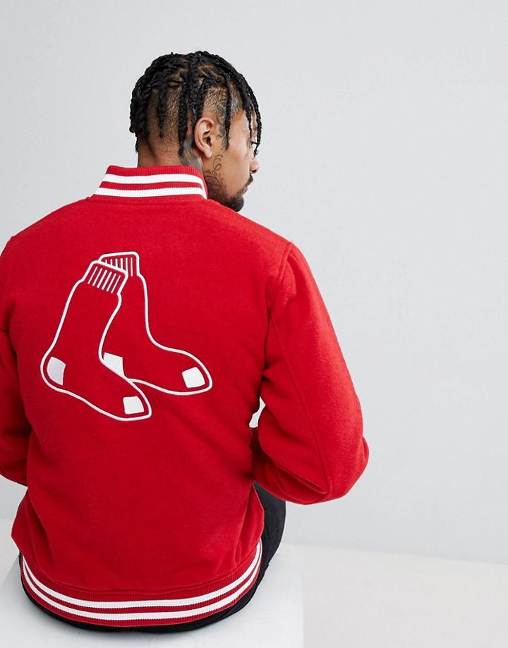 New Era Melton Wool Bomber Jacket With Boston Red Sox Back Embroidery - Red
