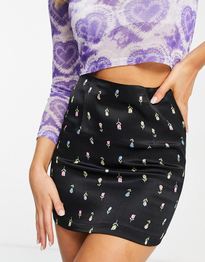 Topshop Fitted Satin Mini Multi Rose Bud Mini Skirt In Black - Part Of A Set