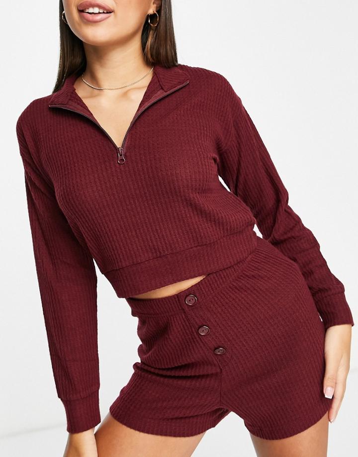 Brave Soul Waffle Short Lounge Set With Funnel Neck In Burgundy-red