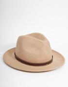 Asos Fedora Hat In Stone Felt With Faux Leather Band - Stone