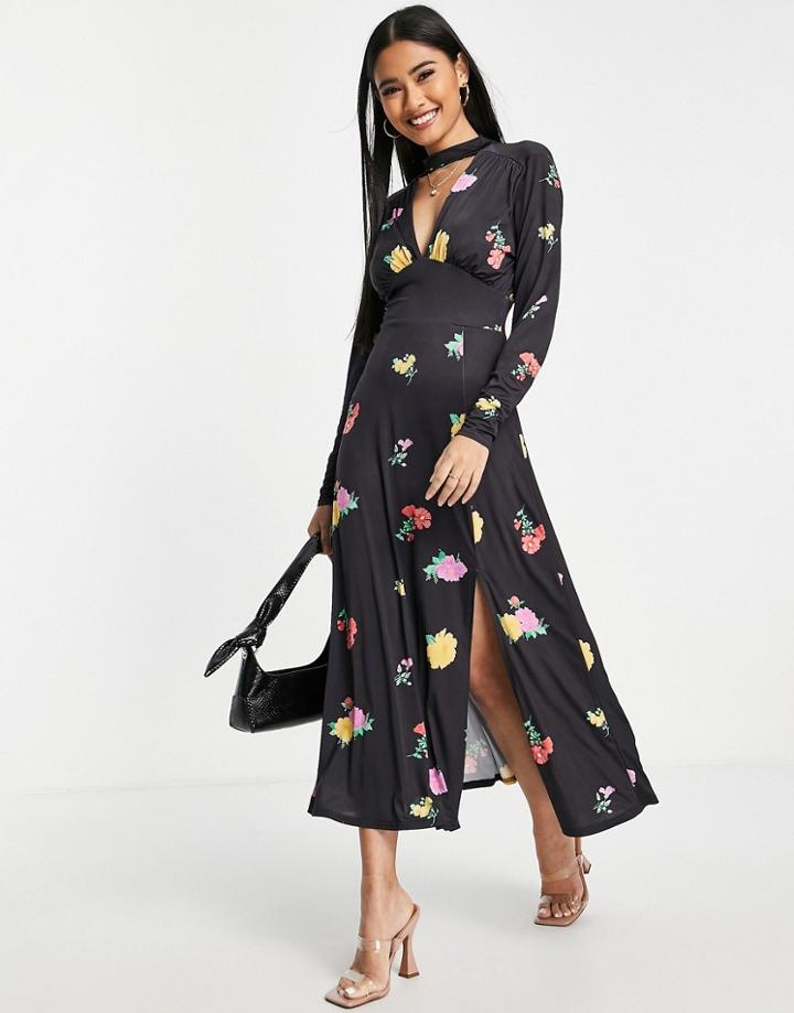 Asos Design Long Sleeve Keyhole Maxi Dress In Black Floral-multi