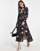 Asos Design Long Sleeve Keyhole Maxi Dress In Black Floral-multi