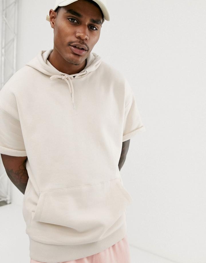 Asos Design Oversized Hoodie With Raw Sleeve In Beige - Beige