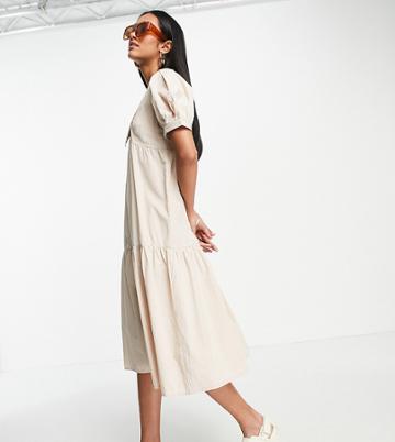 Vila Petite Collar Detail Smock Midi Dress In Sand-white