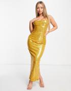 Naanaa Cowl Neck Sequin Maxi Dress In Gold
