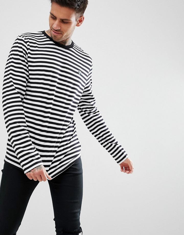 Boohooman Long Sleeve T-shirt With Bird Embroidery In Black Stripe - Black
