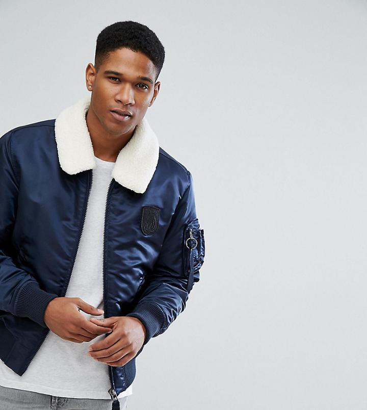Jack & Jones Originals Bomber With Removable Fleece Collar And Patches - Navy
