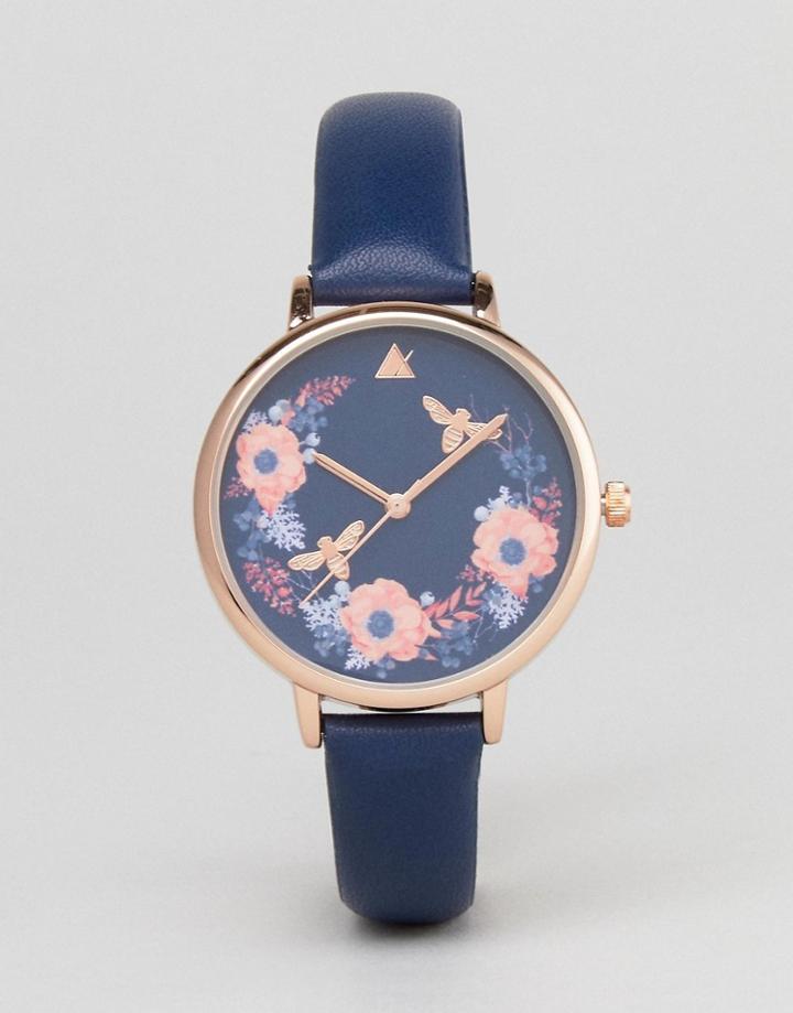 Asos Curve Dark Floral Watch - Navy