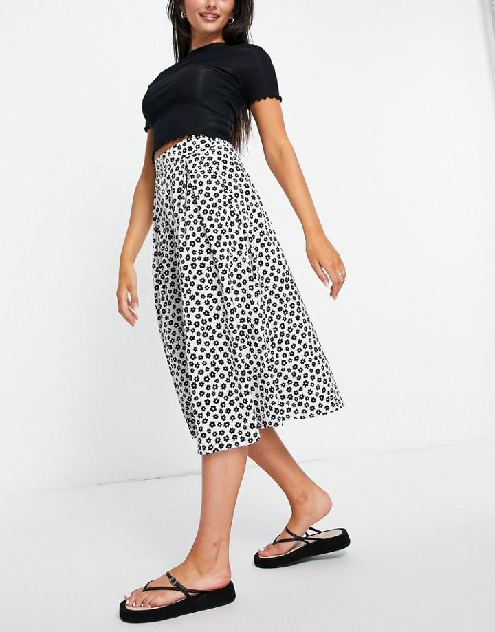 Monki Sigrid Polyester Button Front Spot Print Skirt In Black And White - Beige-neutral