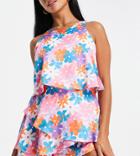 River Island Petite Floral Frill Layer Romper In Bright Pink