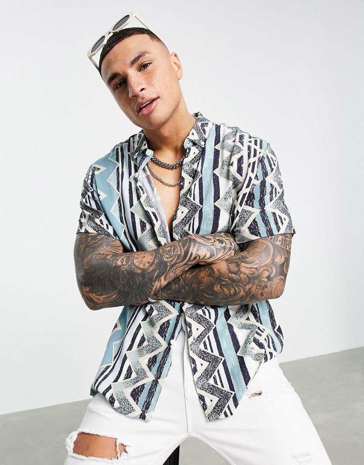 Asos Design Relaxed Shirt In Geometric Vintage Print-green