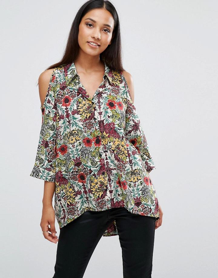 Ax Paris Floral Cut Out Shoulder Shirt - Multi