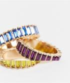 Asos Design Pack Of 3 Rings With Crystal Baguette Stones In Gold Tone