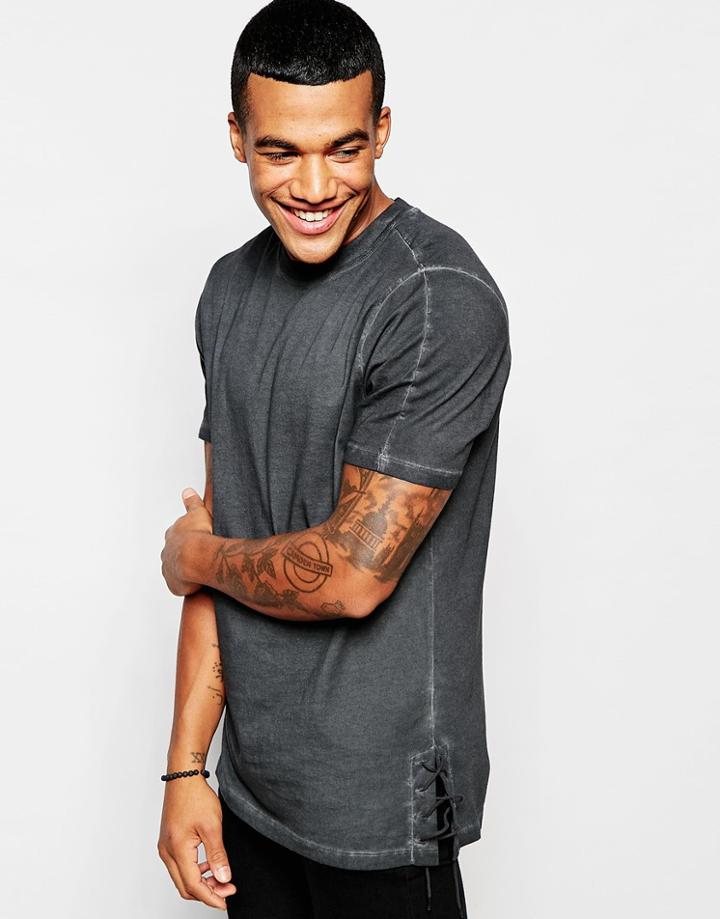 Asos Longline T-shirt With Tie Sides And Oil Wash - Charcoal