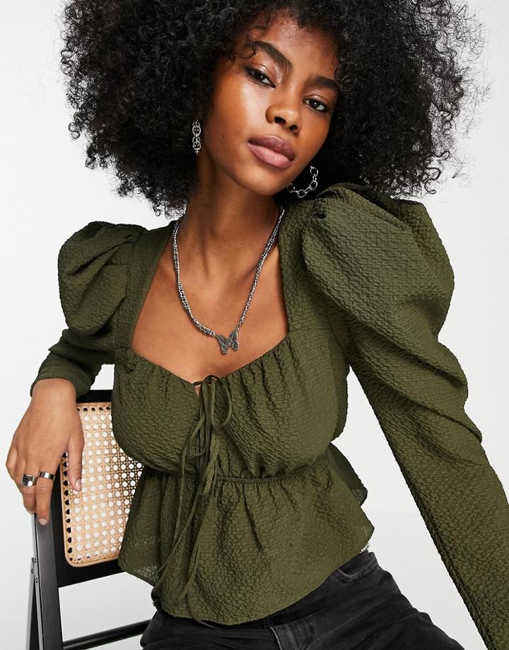 Topshop Puff Sleeve Tie Front Textured Top In Khaki-green