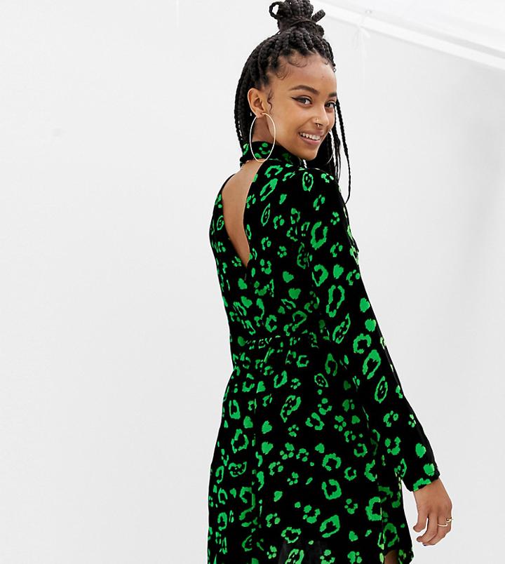 Collusion Leopard Print Mini Skater Dress In Velvet - Black