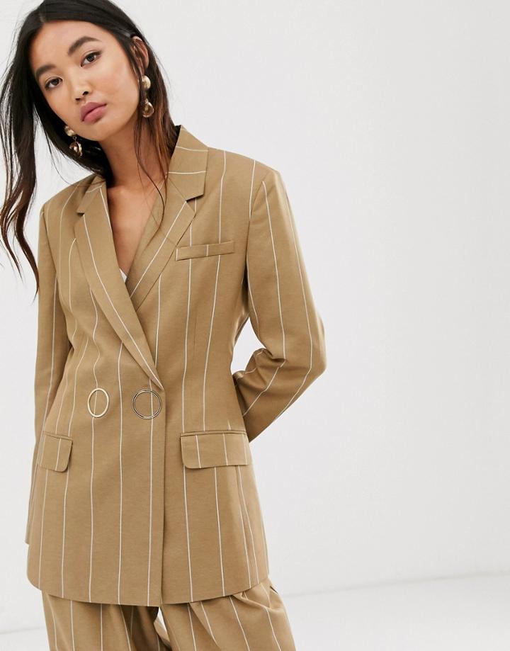 Asos Design Camel Stripe Suit Blazer With Popper Fastening - Multi