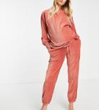 Asos Design Maternity Lounge Velour Rib Sweatshirt & Sweatpants Set In Rust-orange