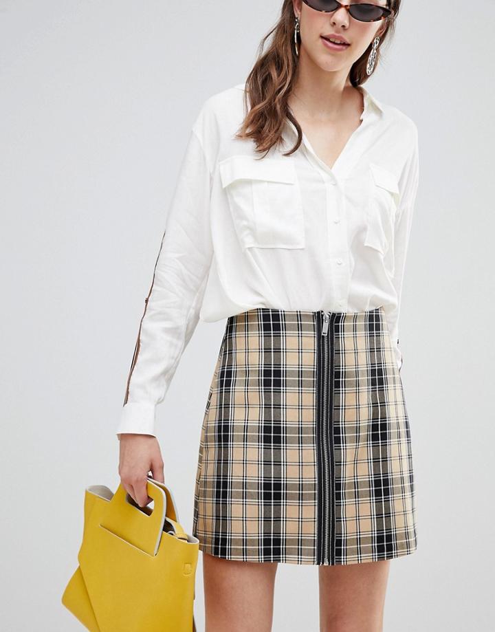Stradivarius Check A Line Mini Skirt - Beige