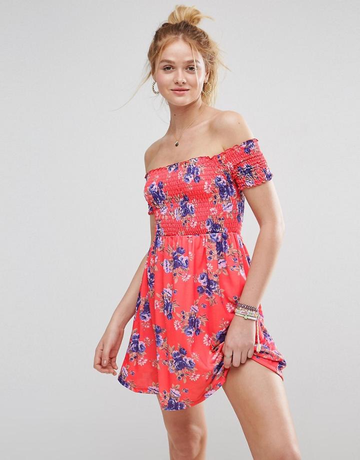 Asos Off Shoulder Sundress With Shirring In Floral Print - Multi