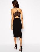 Oh My Love Midi Body-conscious Dress With Lace Plunge Neck And Open Lace Back - Black