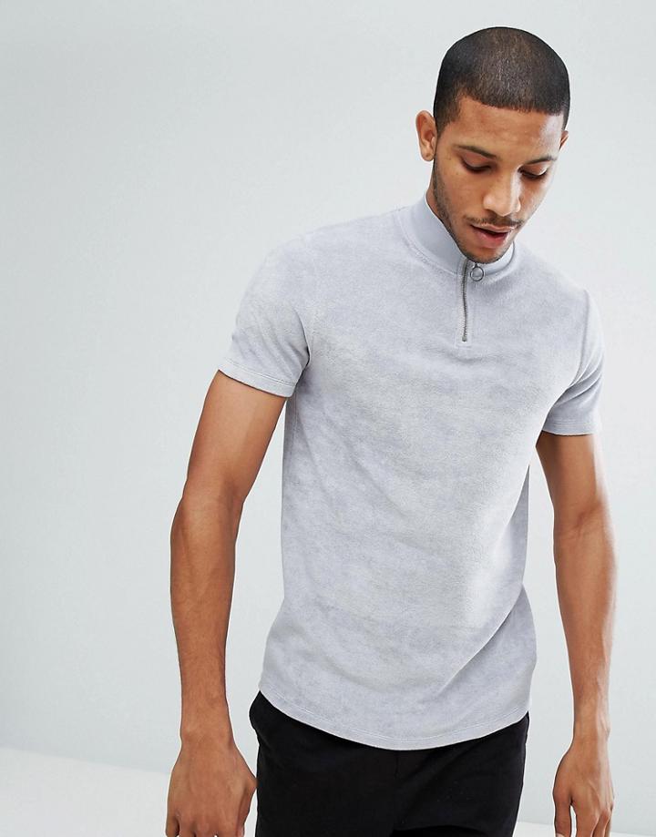 Asos T-shirt In Towelling With Zip Neck - Blue