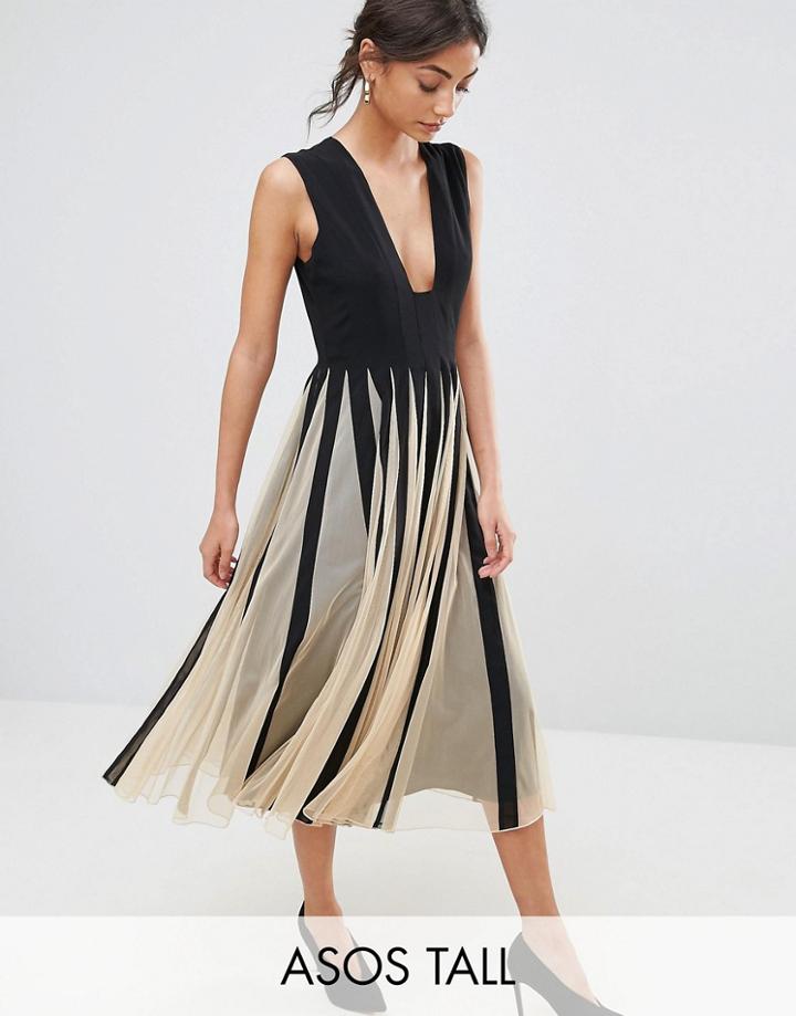 Asos Tall Mesh Fit And Flare Square Plunge Midi Dress - Multi