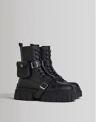 Bershka Chunky Sole Boot With Buckles And Pocket In Black