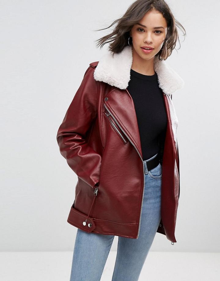 Pull & Bear Faux Fur Collar Aviator Jacket - Red