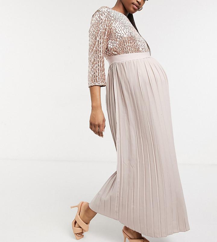 Little Mistress Maternity Embellished Midi Pleated Dress In Mink-pink