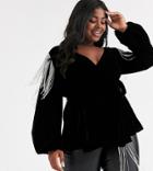 Asos Design Curve Velvet Wrap Top With Fringe Embellishment