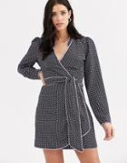 Fashion Union Mandarin Collar Wrap Dress With Contrast Piping-multi