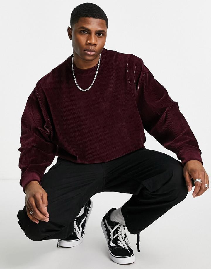 Asos Design Oversized Long Sleeve T-shirt In Burgundy Ribbed Velour-red