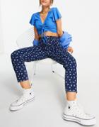 Monki Taiki Organic Blend Cotton Straight Leg Jeans With Floral Print In Mid Wash-blues