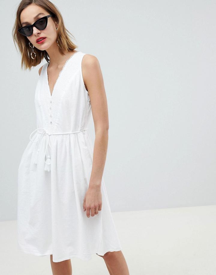 Mango Tie Waist Prarie Dress In White - White