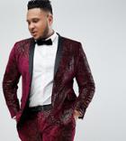 Asos Edition Plus Super Skinny Tuxedo Suit Jacket In Allover Burgundy Sequin - Red