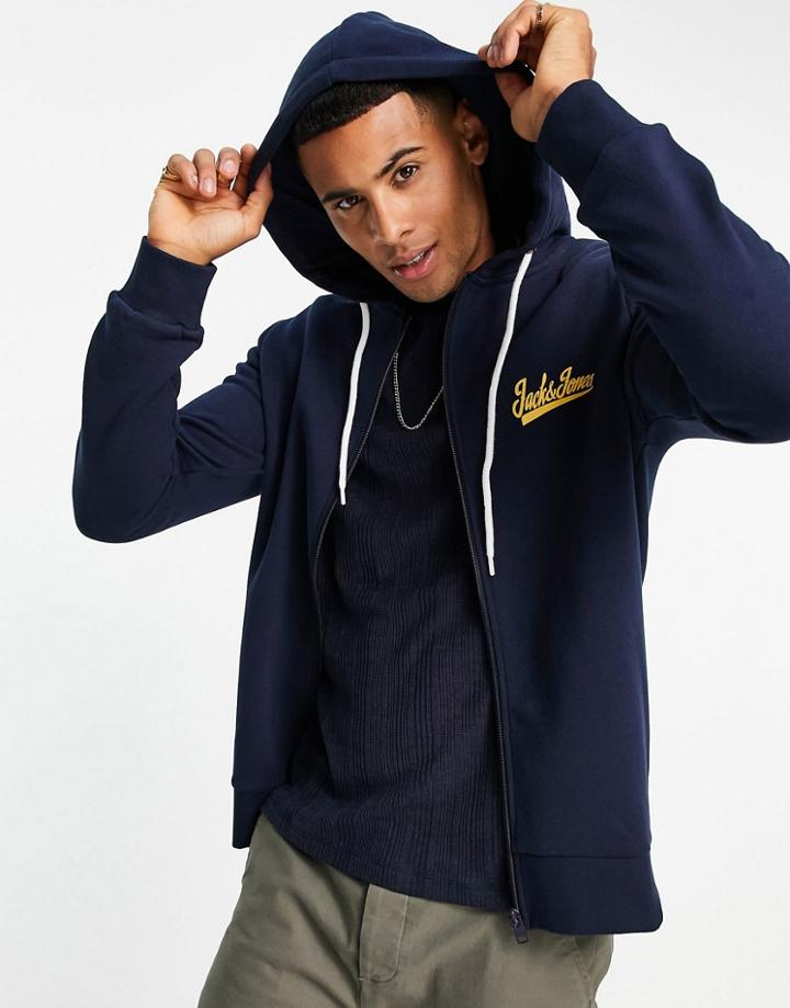 Jack & Jones Logo Full Zip Hoodie In Navy