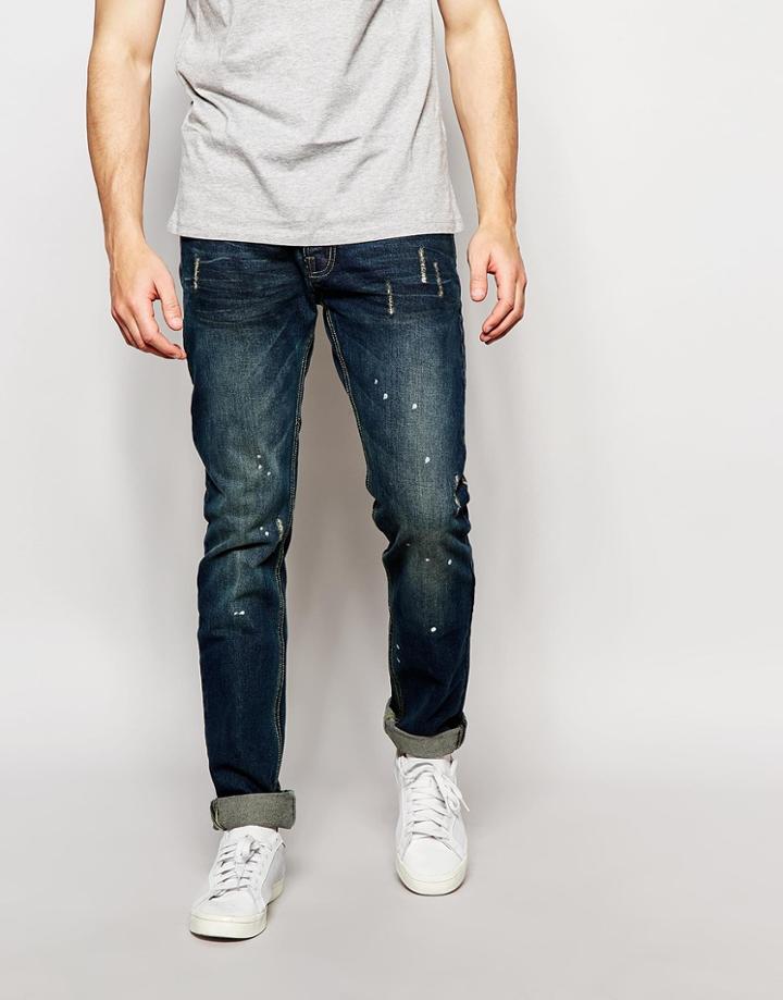 Bellfield Slim Fit Jeans With Paint Splash - Blue