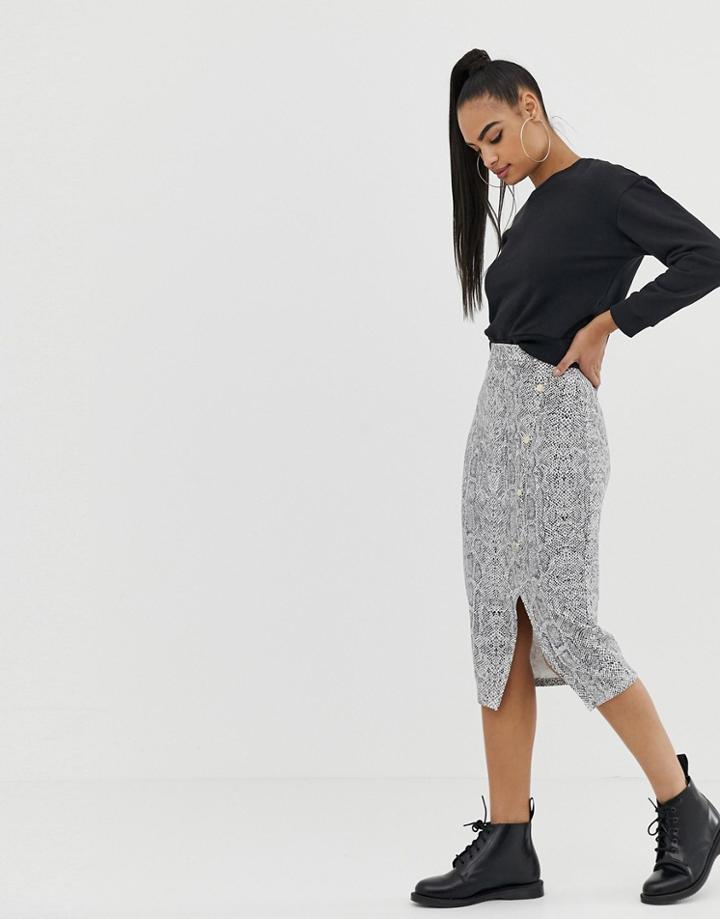 Asos Design Snake Print Rib Pencil Skirt With Poppers And Split - Multi