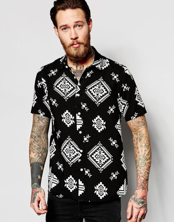 Asos Geo-tribal Shirt In Black With Short Sleeves In Regular Fit - Black