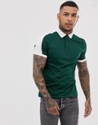 Asos Design Organic Polo Shirt With Contrast Shoulder Panel In Green - Green