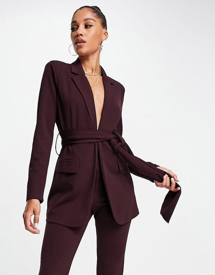 Asos Design Jersey Suit Blazer With Obi Tie Waist In Wine-neutral