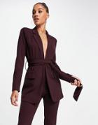 Asos Design Jersey Suit Blazer With Obi Tie Waist In Wine-neutral