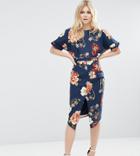 Asos Petite Smart Woven Dress With V Back In Floral Print - Navy