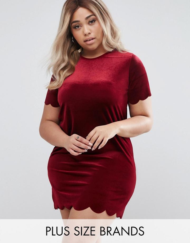 Daisy Street Plus Velvet Dress With Scallop Hem - Red